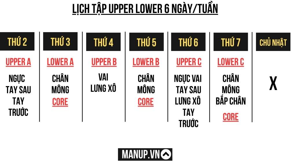 Mẫu lịch tuần Upper–Lower 6 ngày cho nam
