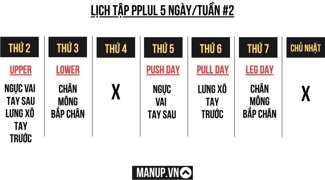 tuần tập Push Pull Leg Upper Lower 5 ngày